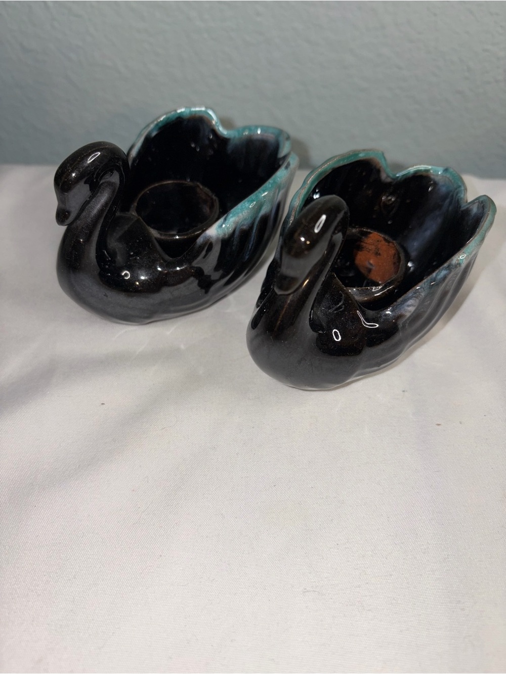 Pottery Swan candle holder Pair with Teal Accents